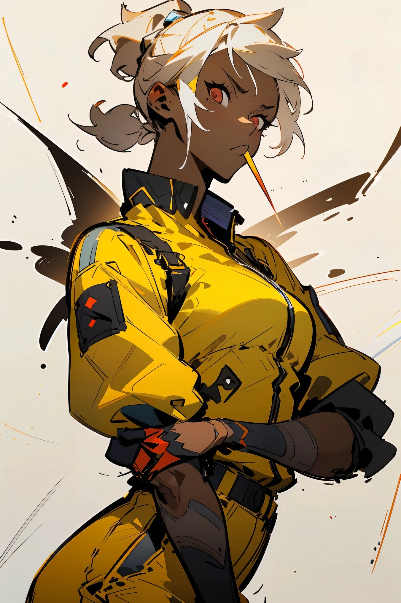 Midly Muscular darkskin woman fantasy clothes, white short hair in a ponytail, red eyes, yellow jacket, black cargo pant, intricate pencil sketch, expressive eyes and nose and mouth, un-zoom, highly detailed, dynamic pose, white background