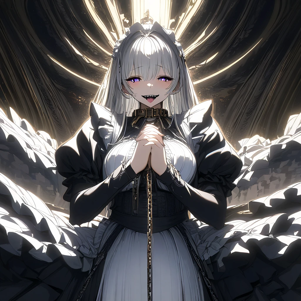 Masterpiece, Very detailed, Ultra-detailed, one tall mature beautiful maid woman. Masterpiece, Very detailed, Ultra-detailed, long lovely silver hair. beautiful dark eclipse-like eyes, her irises are black with a golden outline, her pupils are surrounded by a glowing white light. well endowed. Wearing a collar and leash. wearing chains all over her body. long Victorian maid dress with a long slit in the side going down. Dark-radiance emanating from her. her hands are clasped together. She has mouths, teeth and tongues all over her body where they should not be.