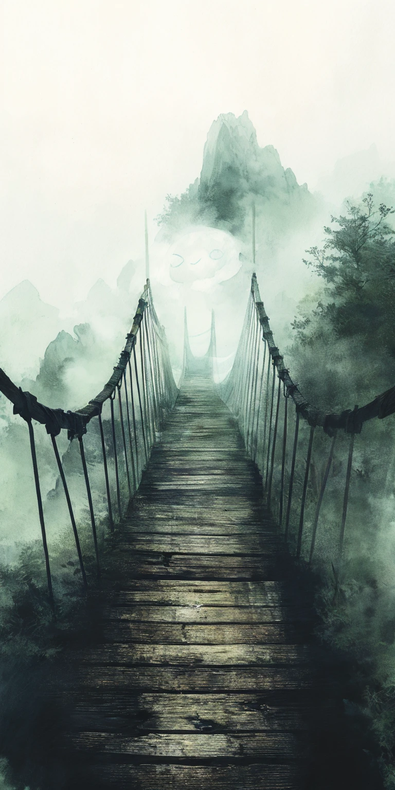 (best quality, photorealistic, ultra-detailed:1.2), ancient magical bridge in the fog