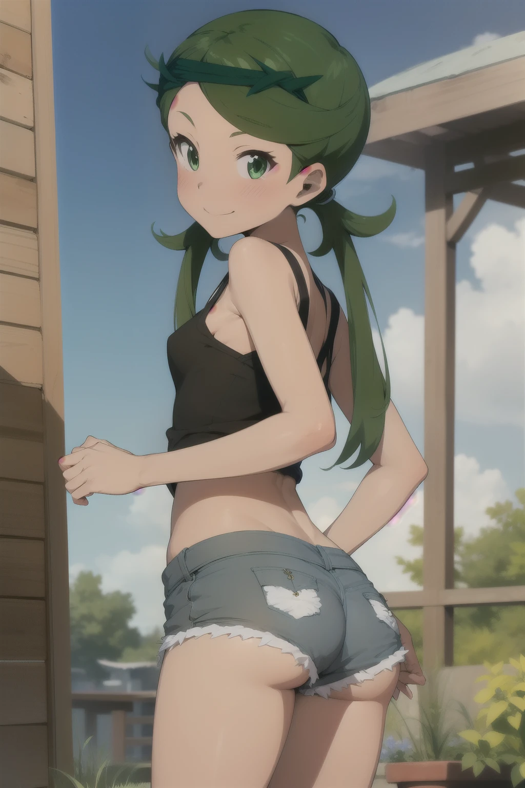 Anime style, 1 girl mallow ,**** body  ,solo , green hair twintails ,  smug face smile , blush,  small breasts,  mini shirt  , sexy micro-shorts jeans , thong shorts, nádegas . Back ass, looking at viewer , skinny body 