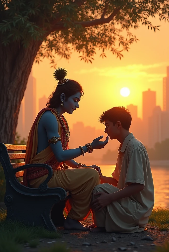 Make such a photo of a Adult boy whose name is written on his t-shirt as Ashu Yadav and with him sitting god Krishna ji and cutting cake from his hand on his birthday and both of them are sitting on a swing. 
