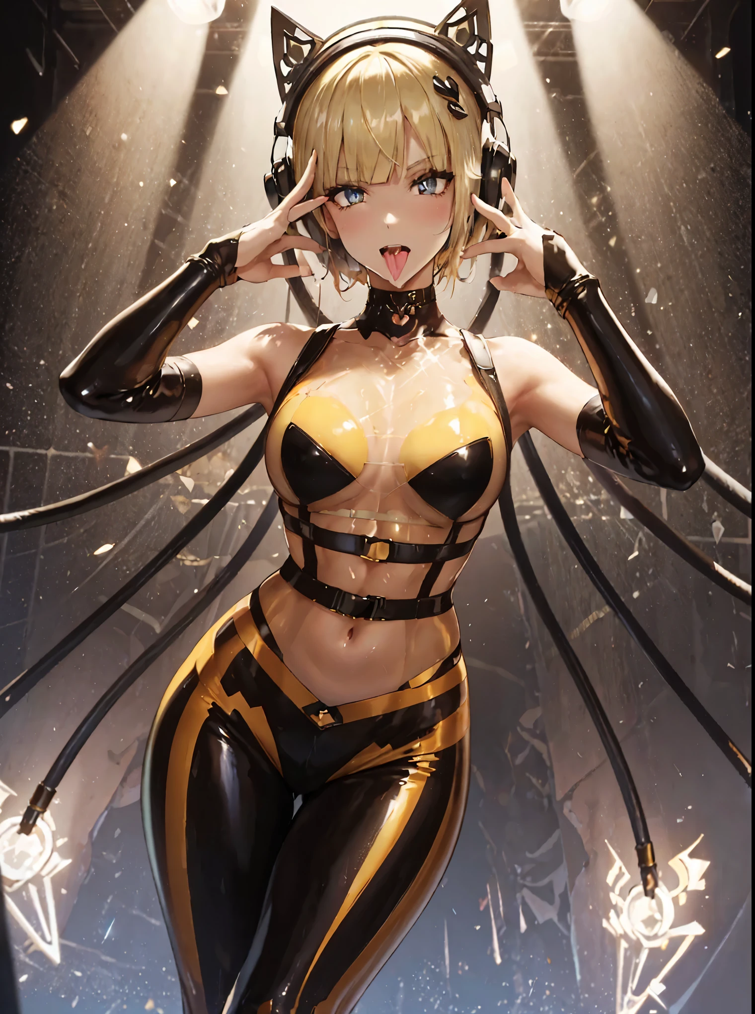 Elesa. One person. (thick legs) glossy. Glitter. Full body latex bodysuit. See-through costume. Black and yellow latex bodysuit. Short hair. Heart crystal on collar. Chastity belt. A heart lamp glows on metal pants. Place hands on lower abdomen. Simple dark background.