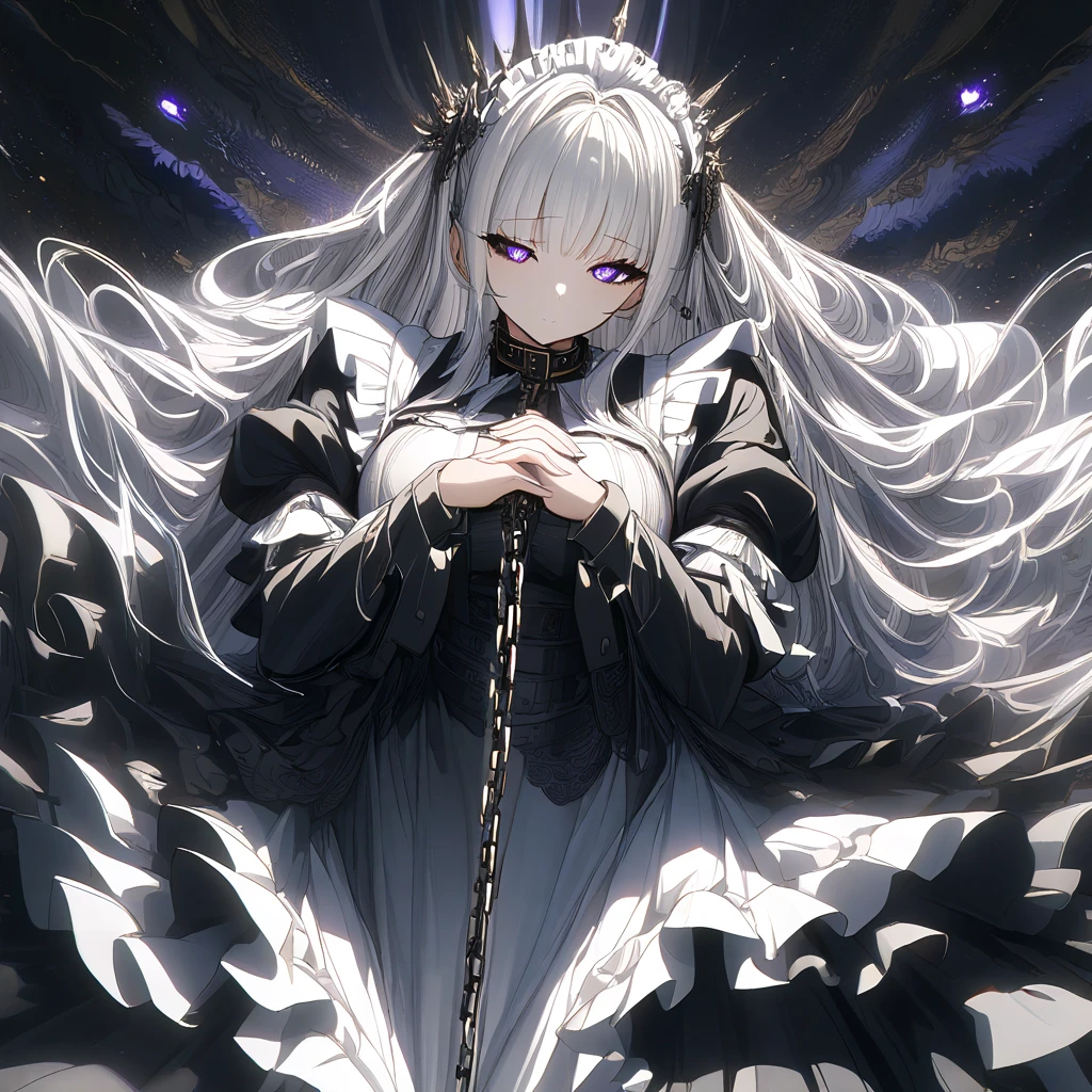 Masterpiece, Very detailed, Ultra-detailed, one tall mature beautiful maid woman. Masterpiece, Very detailed, Ultra-detailed, long lovely silver hair. beautiful dark eclipse-like eyes, her irises are black with a golden outline, her pupils are surrounded by a glowing white light. well endowed. Wearing a collar and leash. wearing chains all over her body. long Victorian maid dress with a long slit in the side going down. Dark-radiance emanating from her. her hands are clasped together. She has eyes on her arms, shoulders, and in her hair.