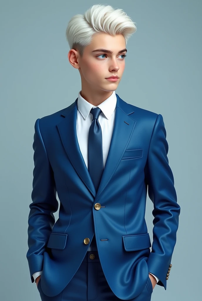 Teenager 15-year-old boy Skin color : white Big white hair on both sides Light blue eyes Height 1, 57 tall Standing photo Luxury blue suit Tie Very handsome boy