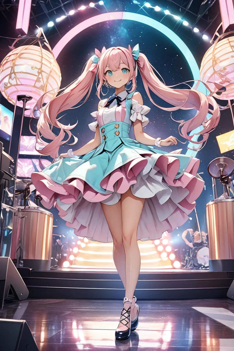 masterpiece、High image quality、 High Quality 、詳細な描写、beautiful、(( full body shot))、future art、 Cyber、(( full body shot))、、Stylish、 bright and energetic virtual idol character with twin tails 。beautifulプロポーション、The hair color is pastel pink 、Her eyes are aqua blue and 、 she has a friendly smile 。 The costume is based on white and 、 dress-like design with frills and ribbons applied in pastel purple。 miniskirt that snaps around the knee、Knee-high、ribbon lace-up heel pumps、The cute idol that shines on the virtual stage stands out 、 has a cute atmosphere loved by fans 、Virtual space background 、 1 girl,  high definition , smile,
