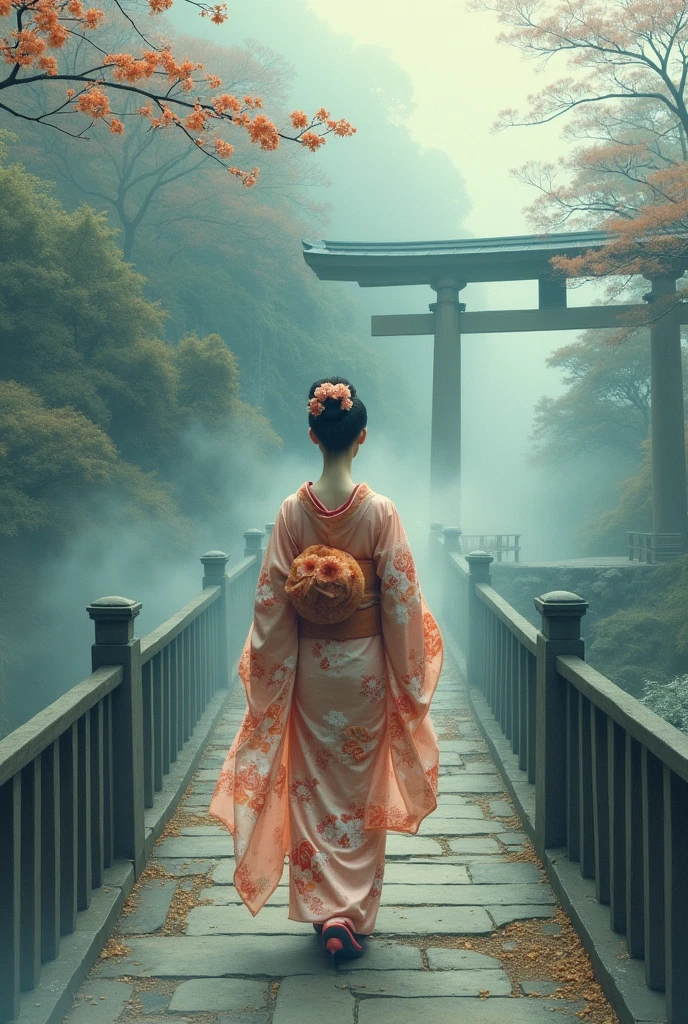 Realistic, theme is "Old bridge shrouded in mist", old bridge shrouded in mist, beautiful woman in kimono crossing the bridge towards us, close-up on the woman's beautiful face, Japanese ukiyo-e style, artwork, watercolor brush painting, ink painting, sophisticated design, 8K quality