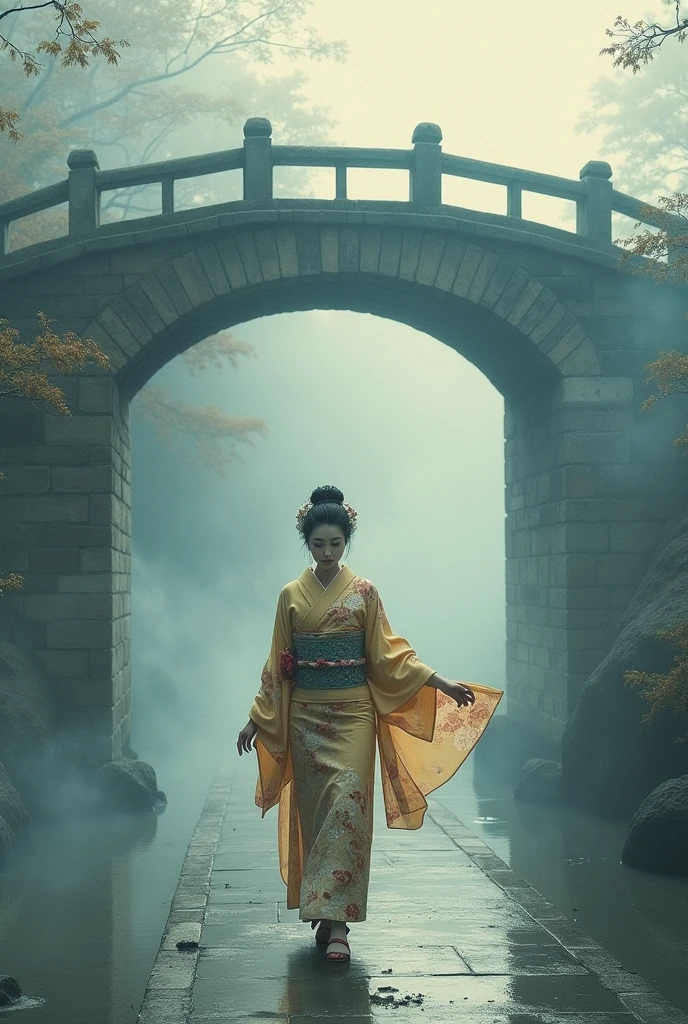 Realistic, theme is "Old bridge shrouded in mist", old bridge shrouded in mist, beautiful woman in kimono crossing the bridge towards us, close-up on the woman's beautiful face, Japanese ukiyo-e style, artwork, watercolor brush painting, ink painting, sophisticated design, 8K quality