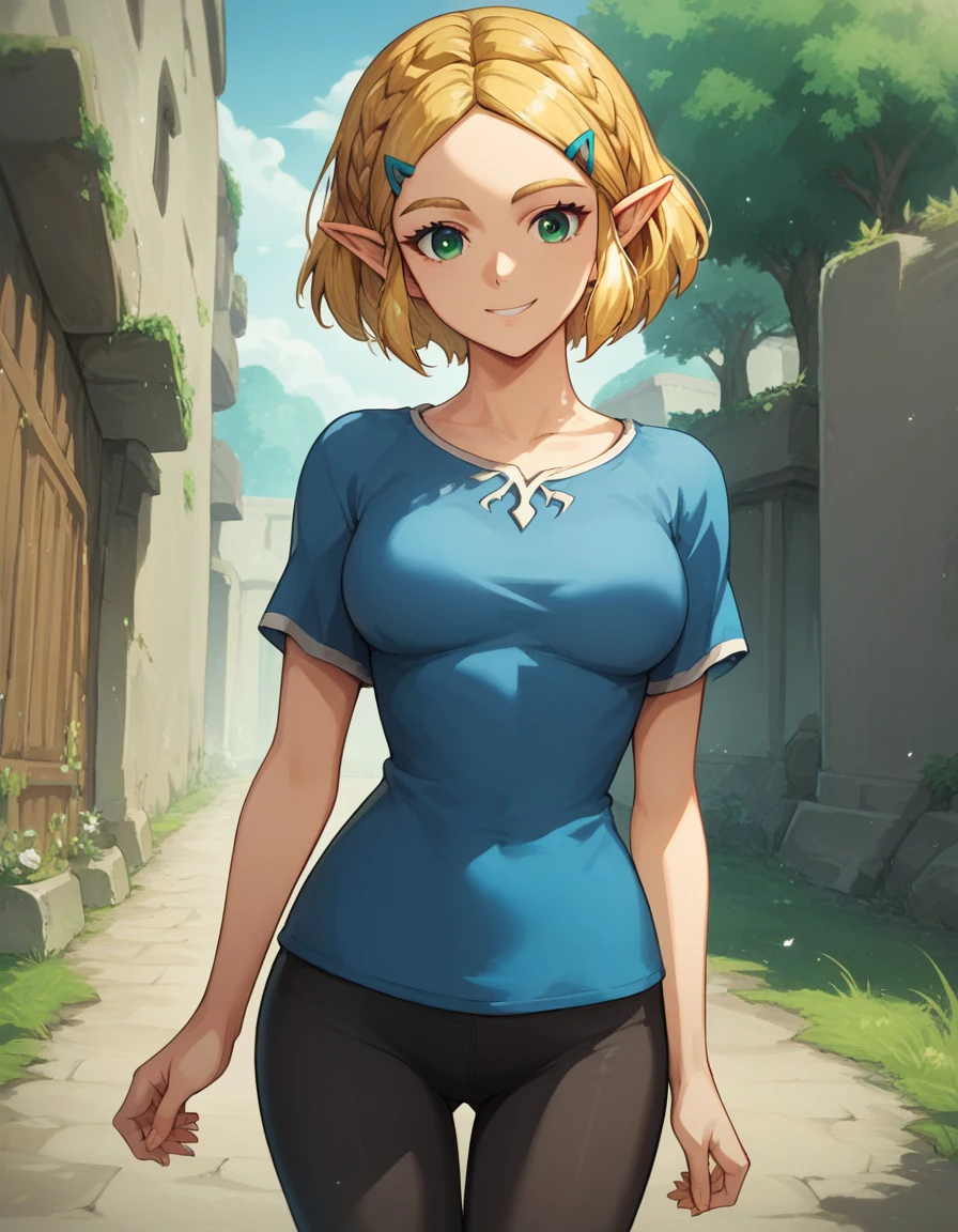 score_9, score_8_up, score_7_up, source_anime, best quality, clear face, 1girl, solo, Zelda, Totk, blonde hair, short hair, green eyes, medium breasts, outdoor, cowboy shot, looking at viewer, black leggings, blue shirt, smile, dynamic angle