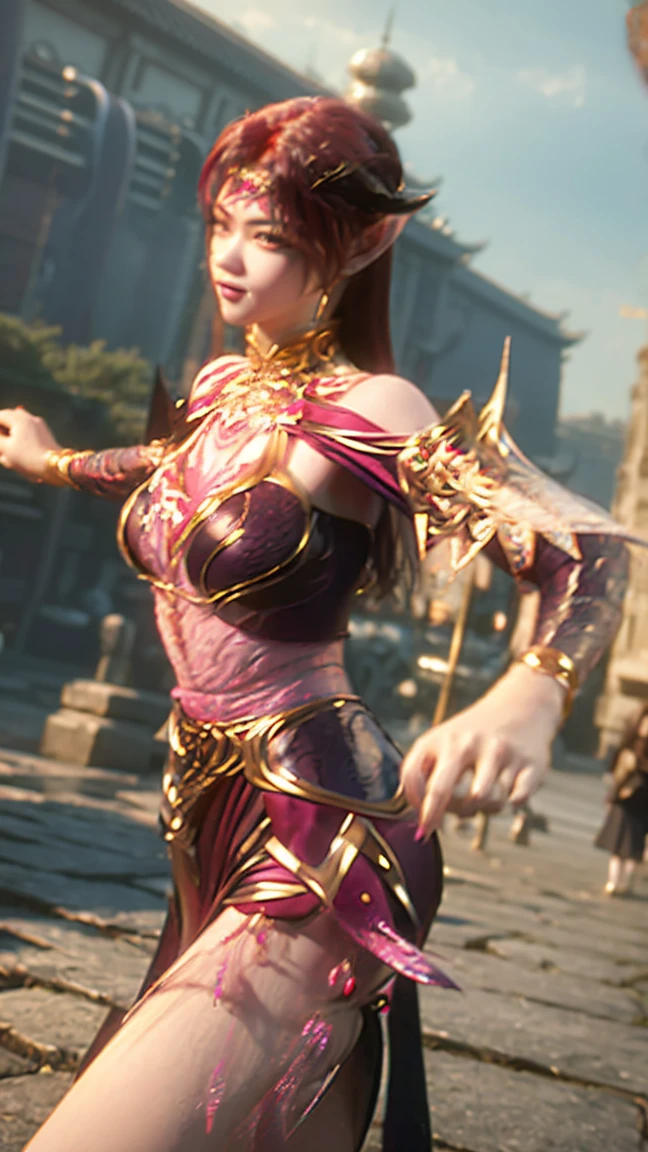 masterpiece、best quality、超high resolution、Realistic skin texture、Leather Armor、Bare breasts、Reality、high resolution、RAW photos、shiny skin、Realistic skin texture、Optimal lighting、shine、Dramatic Lighting、Dynamic poses、Greek temple background、Female warrior、Mysterious runes surround、arena、2 Girls、精致big eyes、Pink ribbon、Roman skirt、White Blonde Long Hair、High Ponytail、blue eyes、Clear eyes,look at the audience、 Large Breasts、、Smile、, Solitary, 2 Girls, Pink Hair, Purple Eyes, short hair, Flowering, , Bikini, big eyes, , Black fishnet stockings,Make an action,