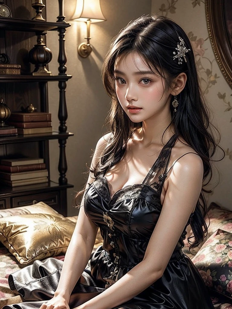 (Best Quality, 8K, Masterpiece: 1.3), (Ultra Real), (Illustration), (High Resolution), (8K), (Very Detailed), (Best Illustration), (Beautiful Detail Eyes), (Best Quality), (Ultra Detailed), (Masterpiece), (Wallpaper), (Detailed Face), Smile, Pure and Sweet, (Long Black Hair), Highly Detailed Face and Skin, Island, 1 Girl, High Slit Laces Modern Short Cheongsam, Sexy Collarbone, Smooth Shoulders, Saturated Light, Edge Lighting, Backlight, Movie, Full body photo