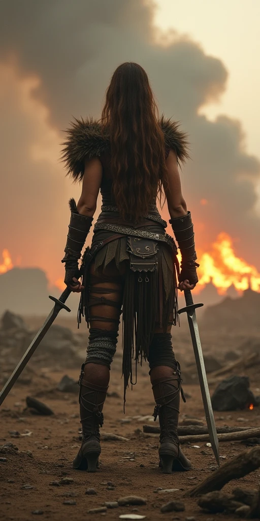 A powerful warrior stands confidently in the foreground, captured , highlighting intricate details of her battle-ready attire. She wears a form-fitting outfit made of leather and fur, adorned with metal accents, suggesting a rugged devotion to her fierce lifestyle. Her long, flowing hair cascades over her shoulders, creating a striking contrast with the earthy tones of the background.
The setting is a desolate battlefield, with charred earth and scattered debris underfoot. In the distance, flames flicker ominously, casting an orange glow that reflects upon her silhouette. A hazy sky lingers above, filled with smoke that billows against a backdrop of muted browns and greys, enhancing the dramatic ambiance.
She clutches swords in both hands, one poised for action, showcasing her readiness for combat. The overall aesthetic is hyper-realistic, conveying a sense of raw power and determination amid chaos. The color palette consists of warm oranges and browns, contrasted with darker shadows, emphasizing the tension of the scene.