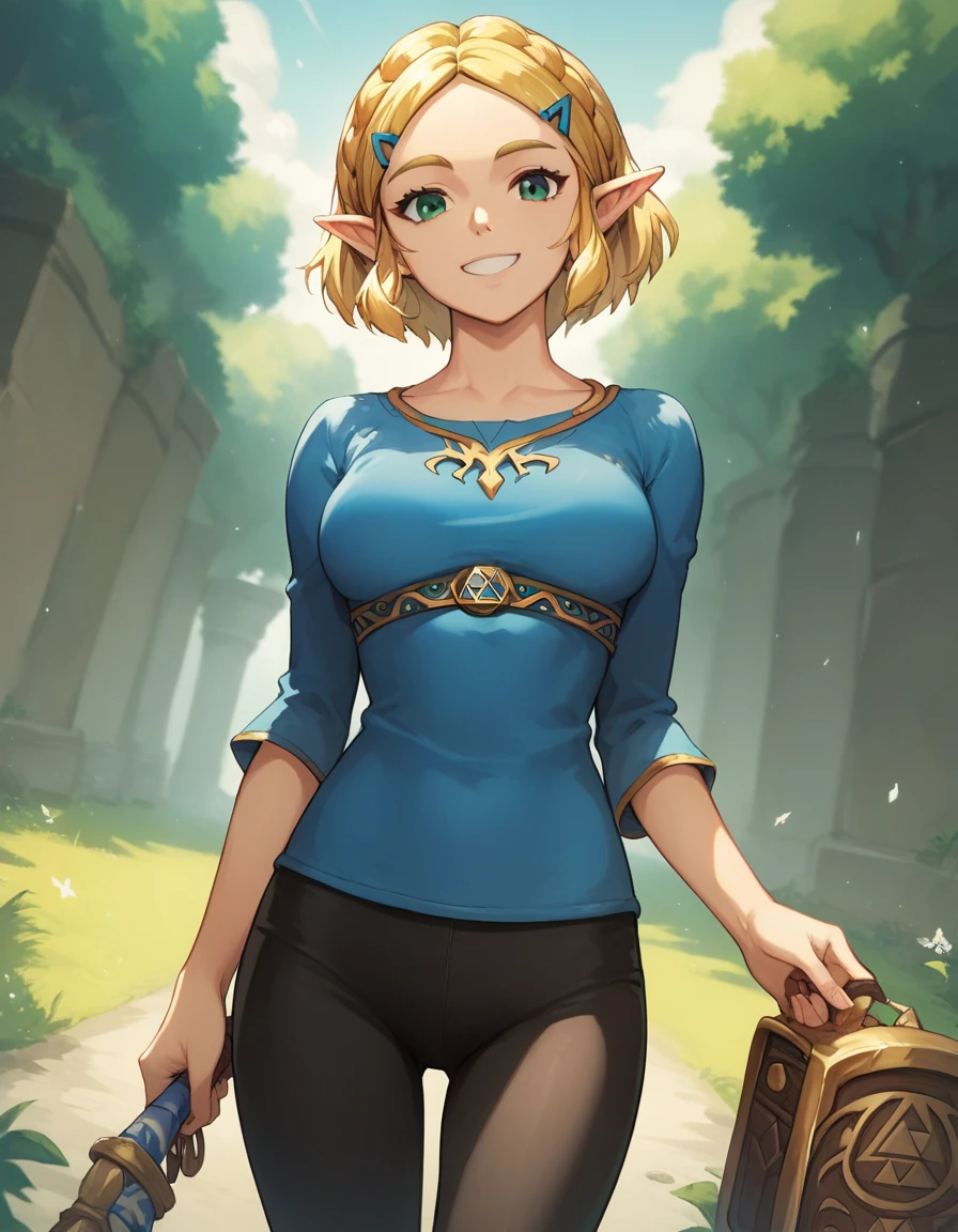 score_9, score_8_up, score_7_up, source_anime, best quality, clear face, 1girl, solo, Zelda, Totk, blonde hair, short hair, green eyes, medium breasts, outdoor, cowboy shot, looking at viewer, black leggings, blue shirt, smile, dynamic angle