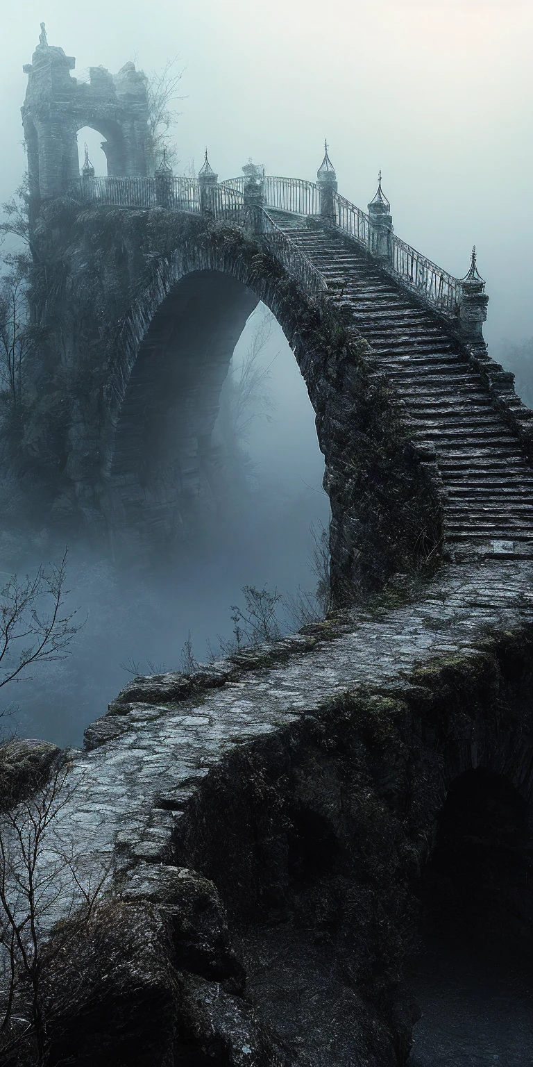 (best quality, photorealistic, ultra-detailed:1.2), ancient magical bridge in the fog