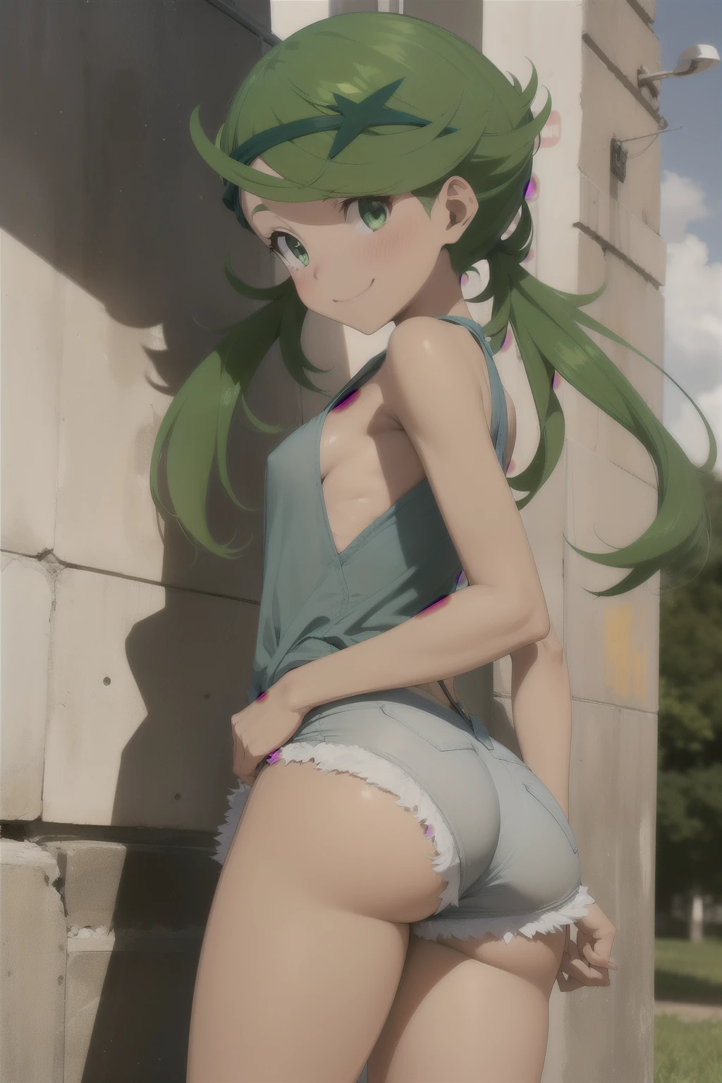 Anime style, 1 girl mallow ,**** body  ,solo , green hair twintails ,  smug face smile , blush,  small breasts,  mini shirt  , sexy micro-shorts jeans , thong shorts, nádegas . Back ass, looking at viewer , skinny body 