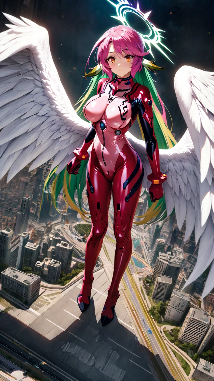 jibril,(big breast),(big white wing),(glamorous),full body,plugsuit,latex bodysuit,shiny bodysuit,colorful hair,halo,sharp focus,extremely detailed CG,expressionless,realstic,(mechanical ear),standing,girl towering over miniature city,from above,road