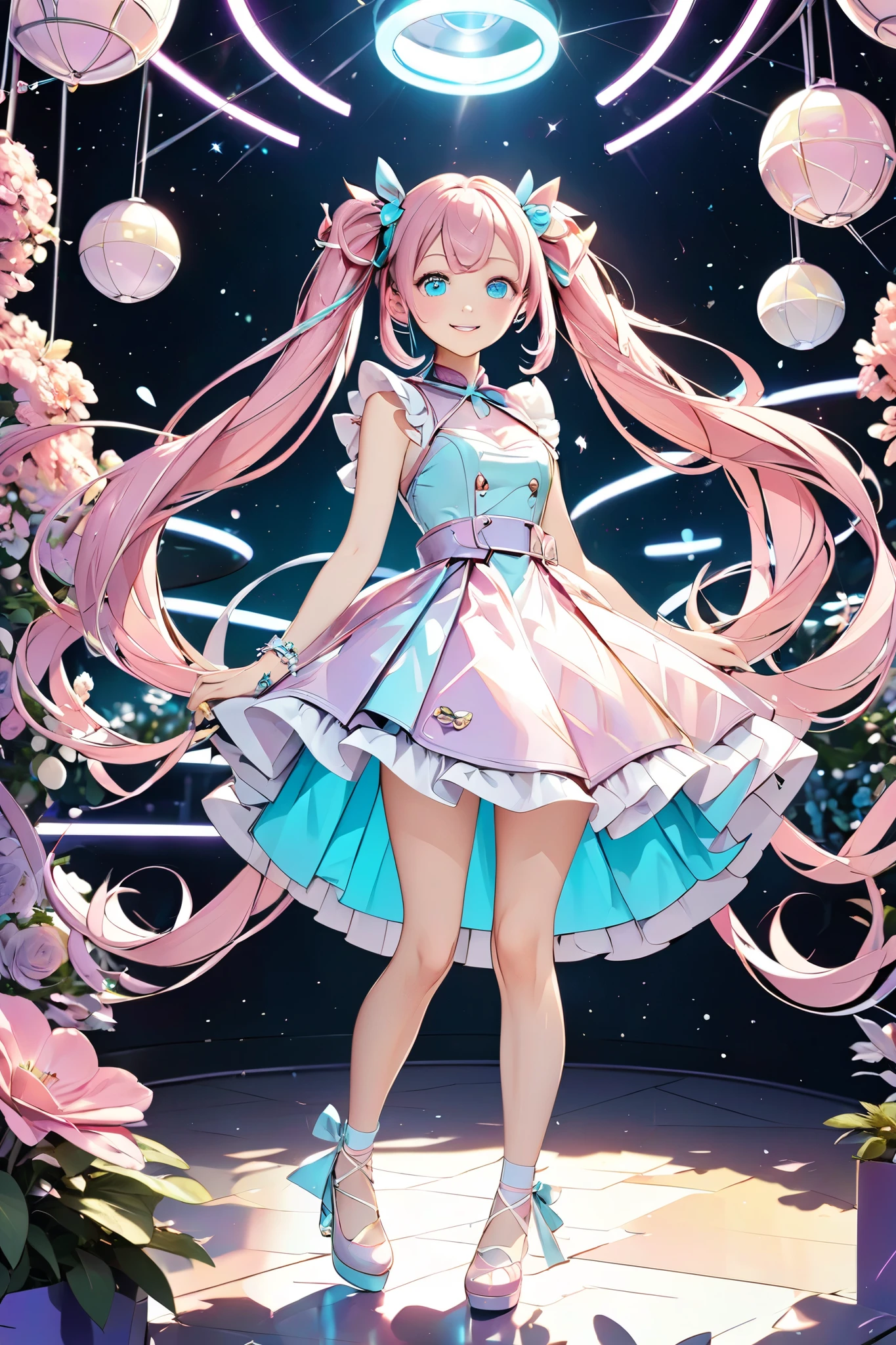 masterpiece、High image quality、 High Quality 、詳細な描写、beautiful、(( full body shot))、future art、 Cyber、(( full body shot))、、Stylish、 bright and energetic virtual idol character with twin tails 。beautifulプロポーション、The hair color is pastel pink 、Her eyes are aqua blue and 、 she has a friendly smile 。 The costume is based on white and 、 dress-like design with frills and ribbons applied in pastel purple。 miniskirt that snaps around the knee、Knee-high、ribbon lace-up heel pumps、The cute idol that shines on the virtual stage stands out 、 has a cute atmosphere loved by fans 、Virtual space background 、 1 girl, high definition , smile,
