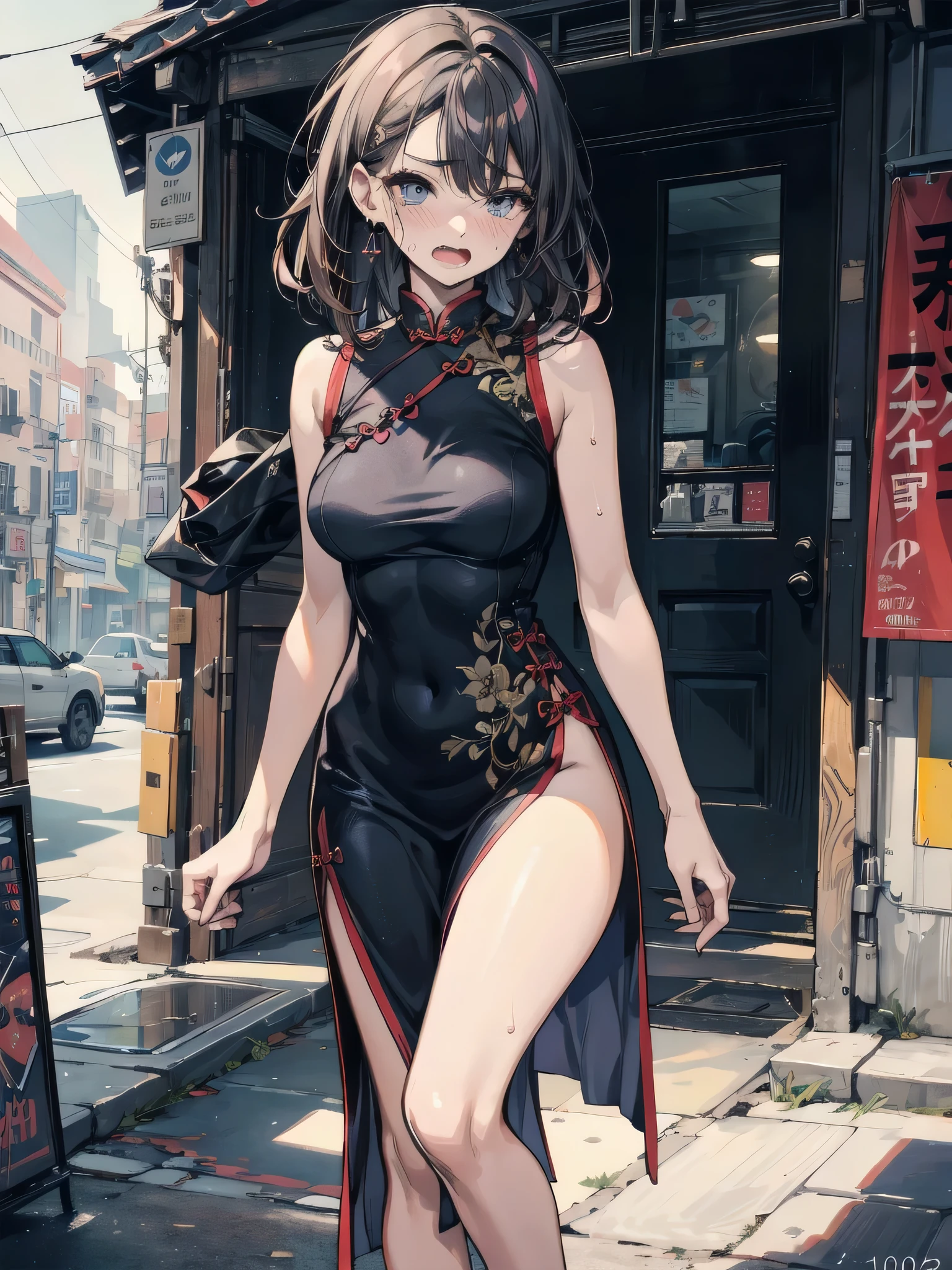 (masterpiece,best quality,ultra-detailed:1.6),illustration, (solo,1girl,beautiful detailed eyes:1.2), city,street,full body,(black bodystocking:1.2),high heels,