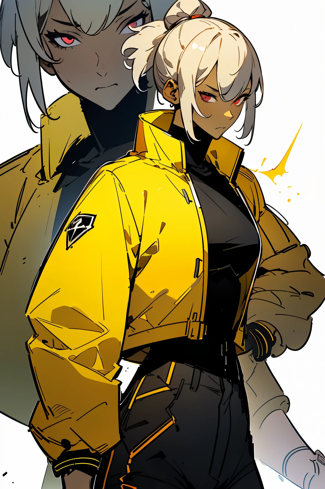 Midly Muscular darkskin woman fantasy clothes, white short hair in a ponytail, red eyes, yellow jacket, black cargo pant, intricate pencil sketch, expressive eyes and nose and mouth, un-zoom, highly detailed, dynamic pose, white background