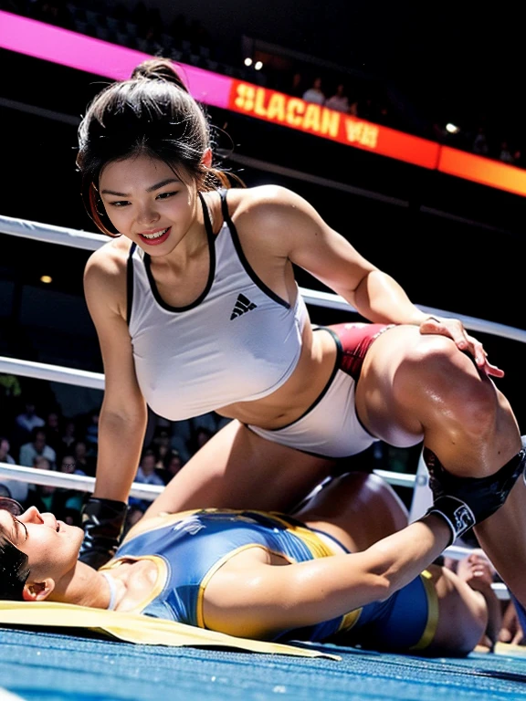 beautiful Japanese woman vs 1 defeated man, fighting, crop t-shirt side-tie bikini knee high boots white and pink costume active female fighter, fingerless gloves, bully masturbator, seductive grin smile, open arms hold down, active closer, attacking motion, looking down and whisper, light-brown hair, sweat, hold down male opponent desperately resist fiercely, dynamic angle, depth of view, at wrestling ring