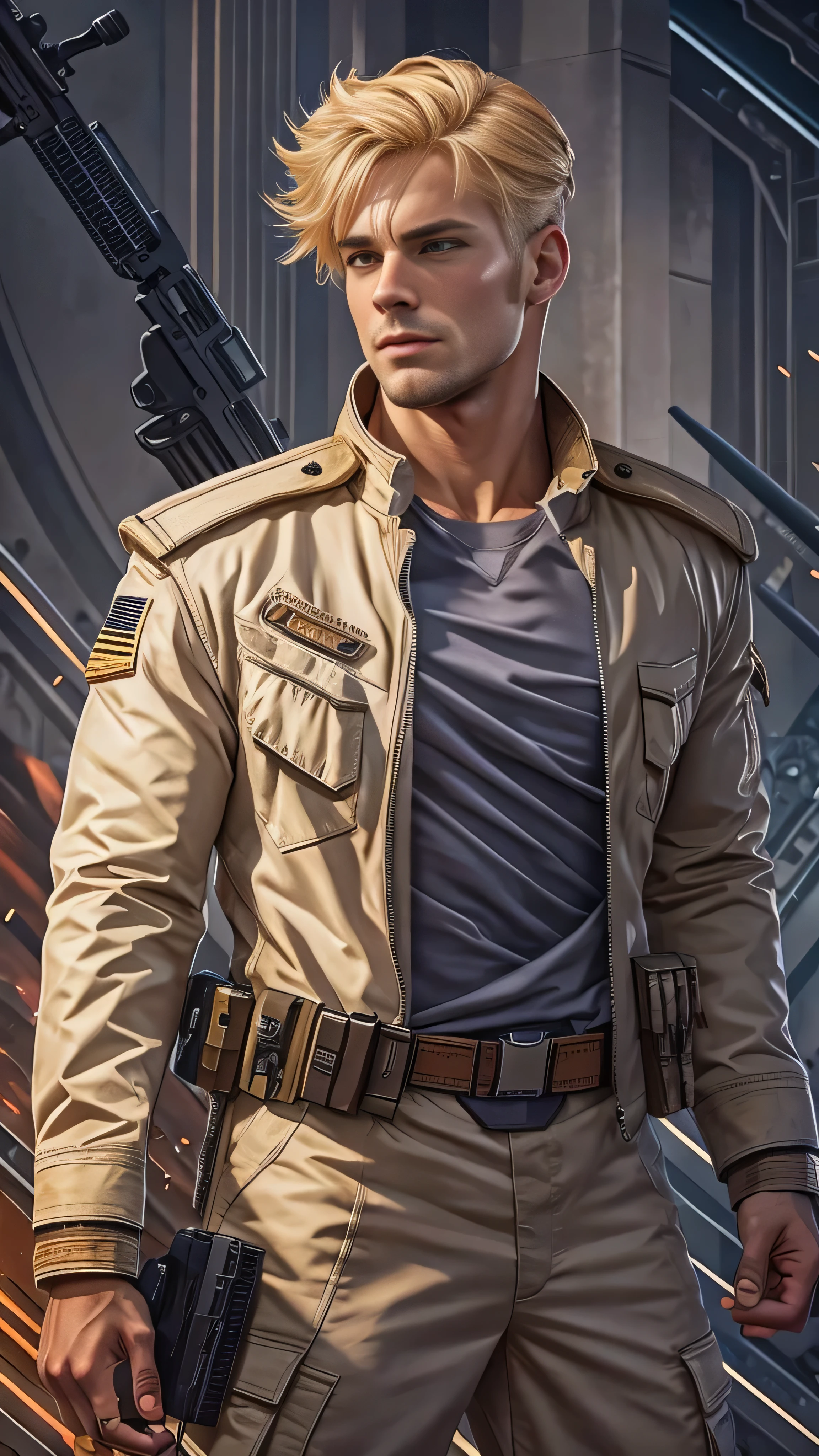 (masterpiece, Best Quality, Super detailed, Best Shadow), ( detailed background ,) Sci-fi liberator captain blonde young strong confident healthy and powerful man in military uniform