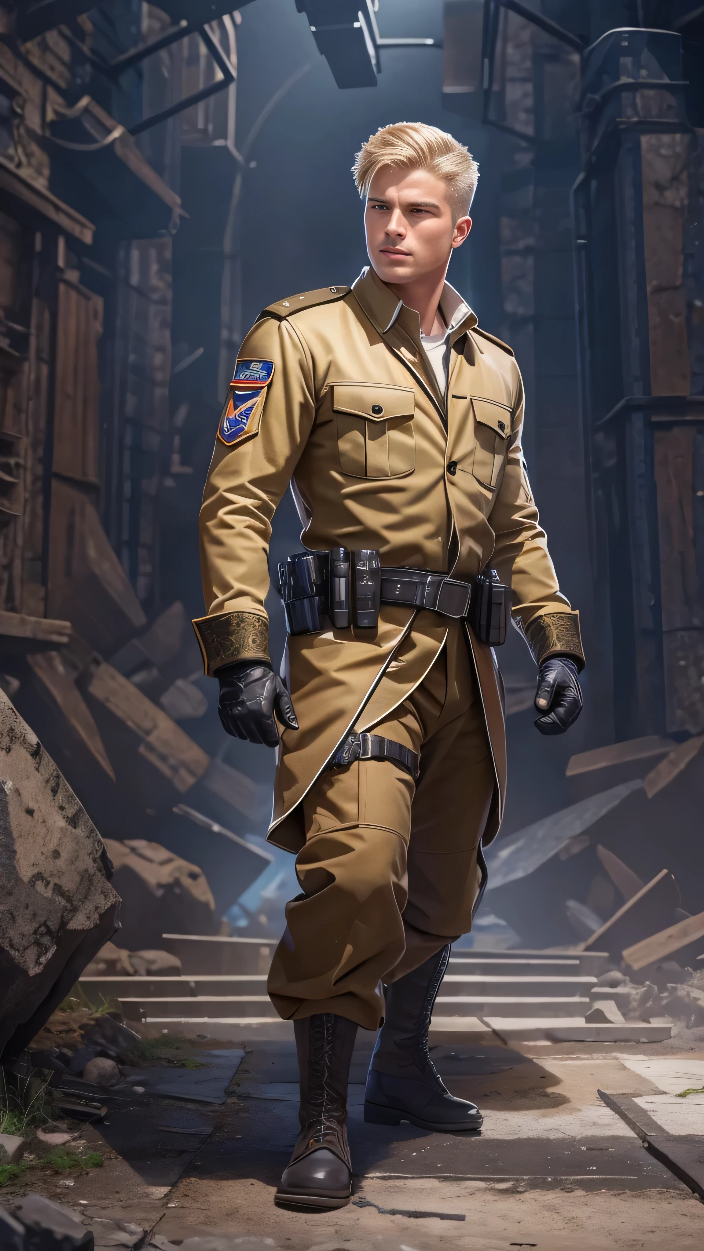 (masterpiece, Best Quality, Super detailed, Best Shadow), ( detailed background ,) Sci-fi liberator captain blonde young strong confident healthy and powerful man in military uniform