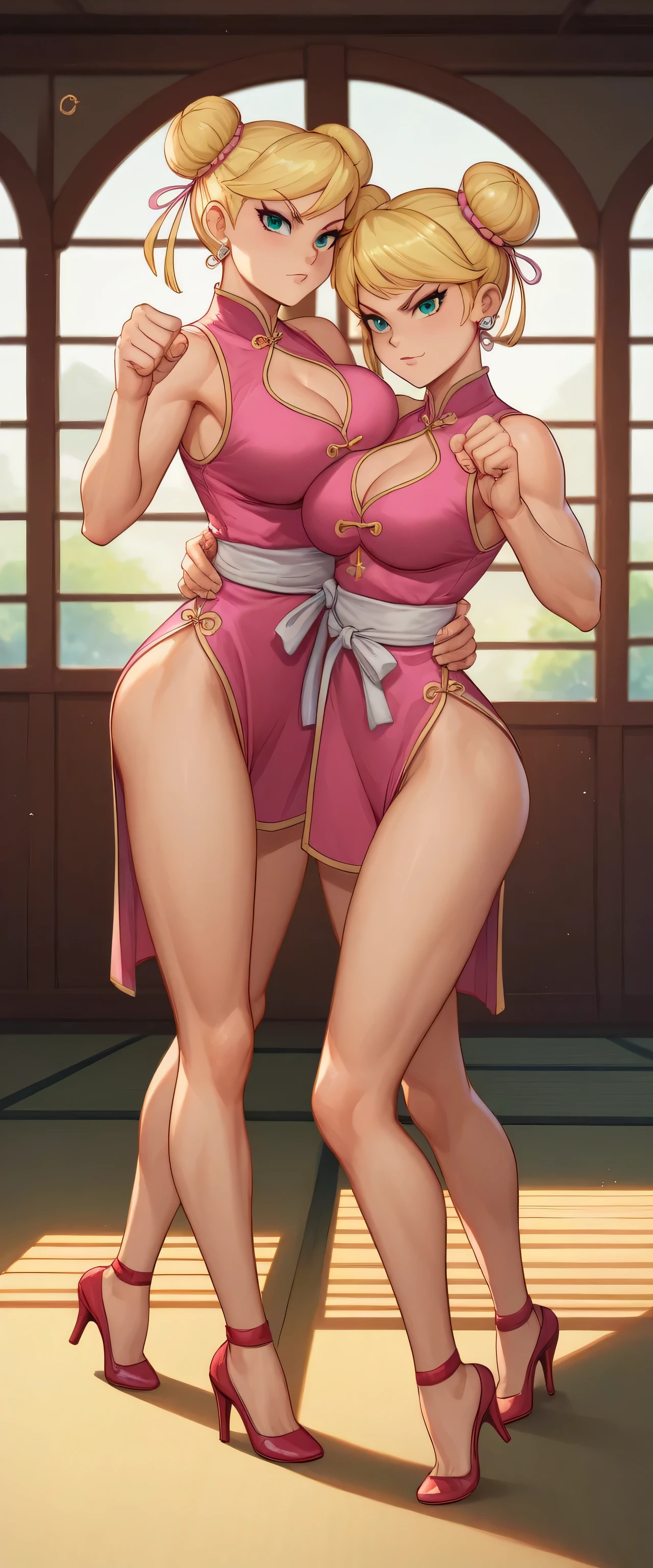 lola loud, 2girl, duo, 24yo girl, large breasts, pink cheongsam,  inside of a chinese temple, looking at viewer, blonde hair, two hair buns , hands  score_9, score_8_up, score_7_up, high heels, teep fighting stance,martial arts, chest window, twins