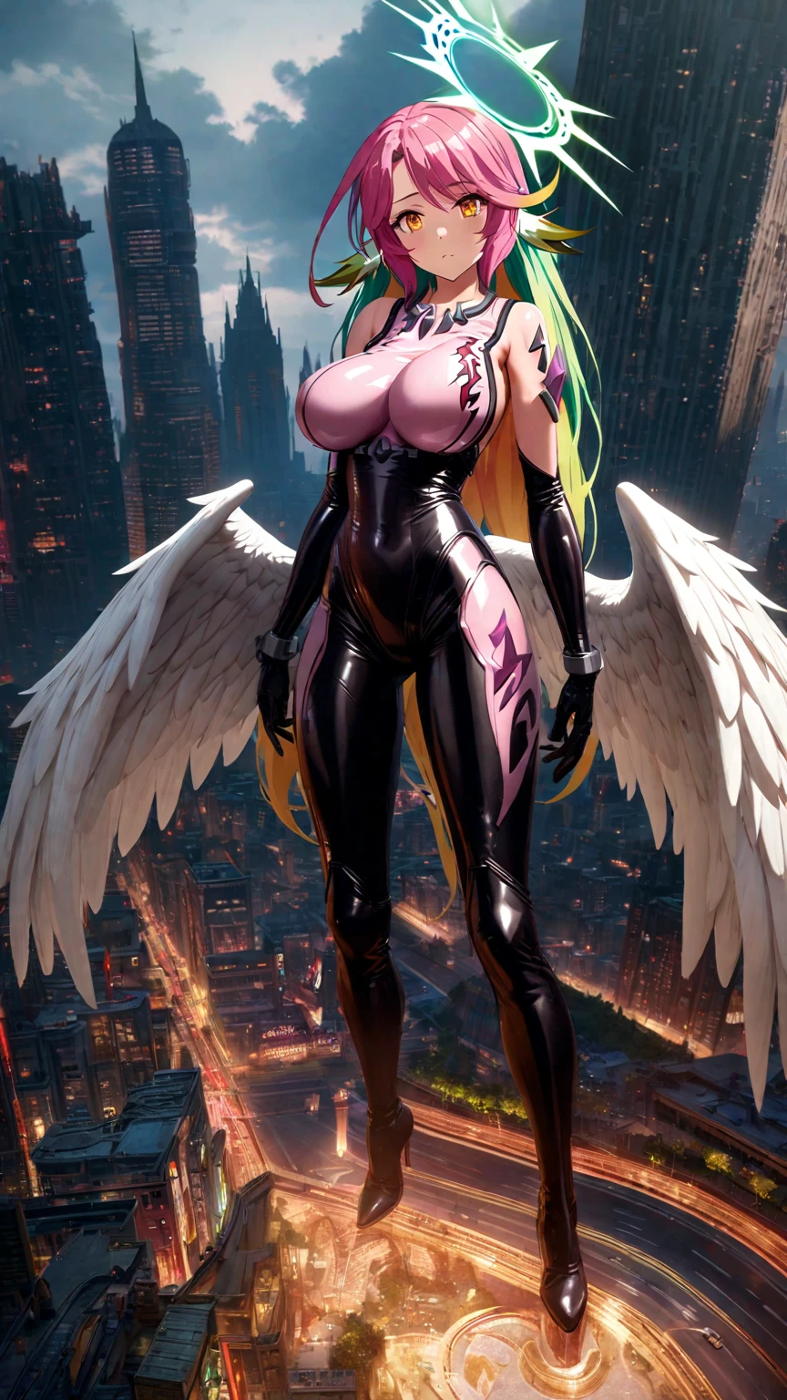 jibril,(big breast),(big white wing),(glamorous),full body,latex bodysuit,shiny bodysuit,colorful hair,halo,sharp focus,extremely detailed CG,expressionless,realstic,(mechanical ear),standing,girl towering over miniature city,from above,road