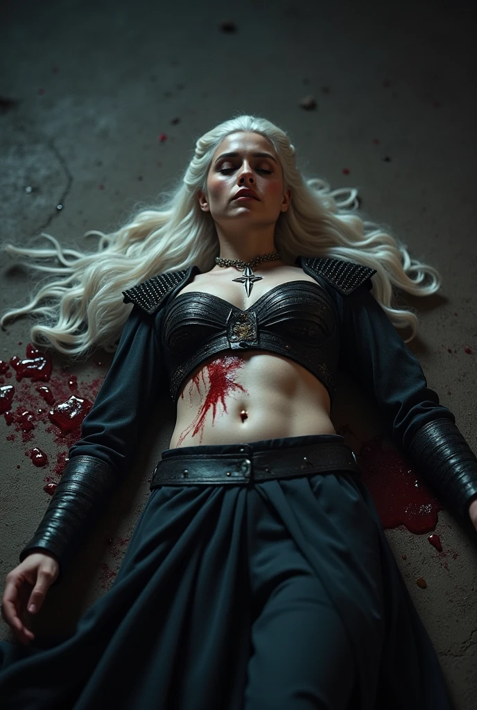 Create an image, of a woman torturing her submissive servant, it must be full-bodied, your hairy pussy must be showing, she is torturing her slave with a whip, the woman is white and mature, your nose is upturned, her hair is tied in a bun and is blonde, his expression is cold and cruel, the place is a dungeon, she is sweaty and her slave is bleeding.