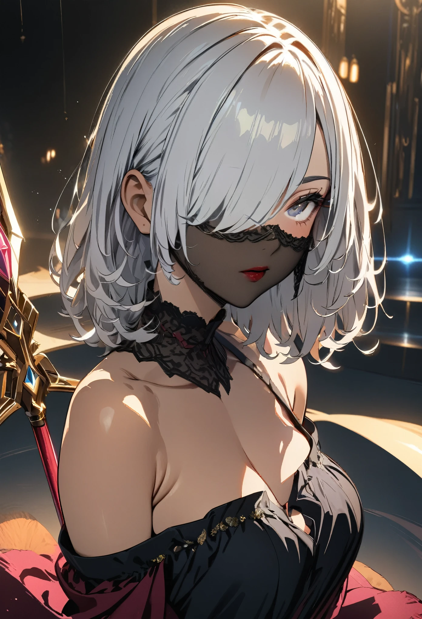 (masterpiece, best quality:1.2,UHD,High Resolution、Detailed depiction)、 one girl、Red lipstick、 Tanned Skin、White Hair、 short bob、hair over one eye、messy hair、I have a slightly longer face veil 、 Off Shoulder Dress、 has a spear、 dynamic lighting、 flashy and gorgeous effects that have Qatar、Golden Time