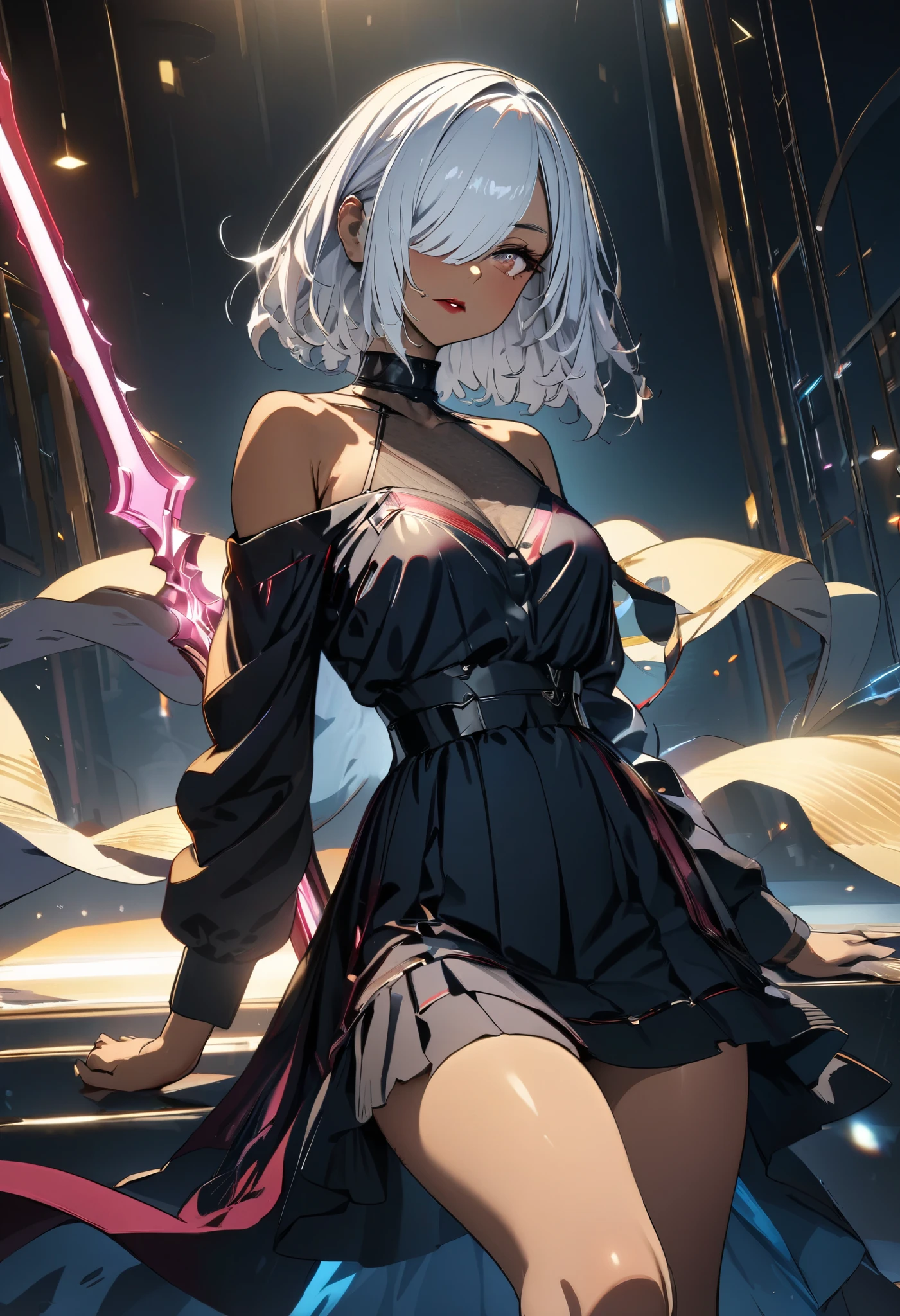 (masterpiece,  best quality:1.2,UHD,High Resolution、Detailed depiction)、 one girl、Red lipstick、 Tanned Skin、White Hair、 short bob、hair over one eye、messy hair、I have a slightly longer face veil 、 Off Shoulder Dress、 has a spear、 dynamic lighting、 flashy and gorgeous effects that have Qatar、Golden Time 