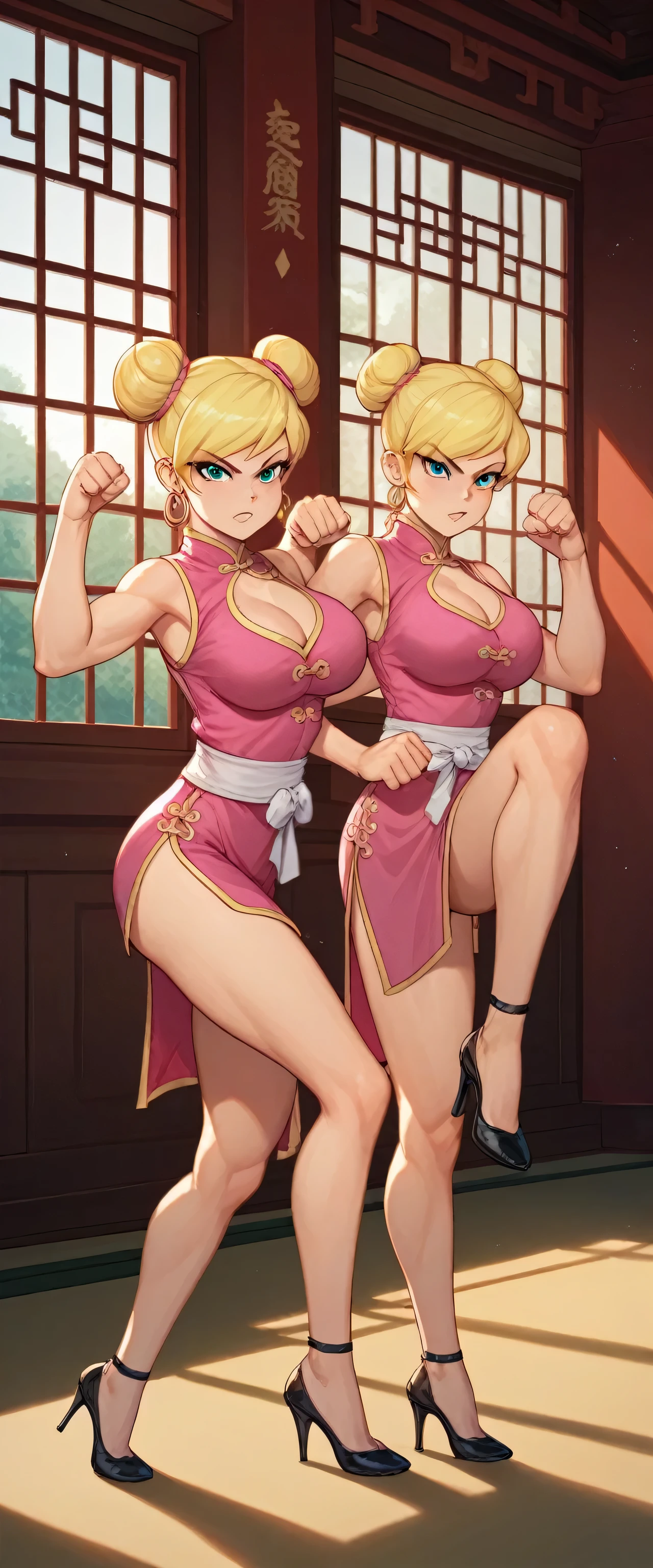 lola loud, 2girl, duo, 24yo girl, large breasts, pink cheongsam,  inside of a chinese temple, looking at viewer, blonde hair, two hair buns , hands  score_9, score_8_up, score_7_up, high heels, teep fighting stance,martial arts, chest window, twins