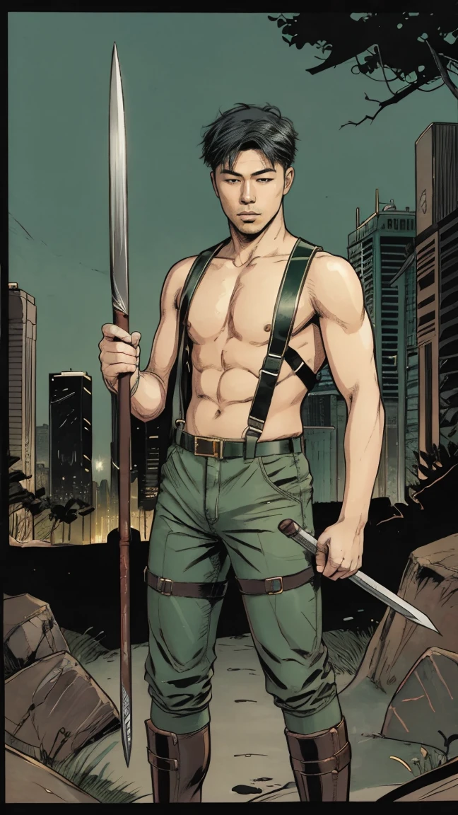 Masculine Youth 20 years old Asian Men Rouge, Wearing Sexy Costume Green Color, wearing harness, wearing very short pants just like hotpants, showing his body, showing his men clevage, holding weapon staff, standing behind Night City, full body portrait from head to toe, showing full body portrait from head to toe, detailed comic artstyle.