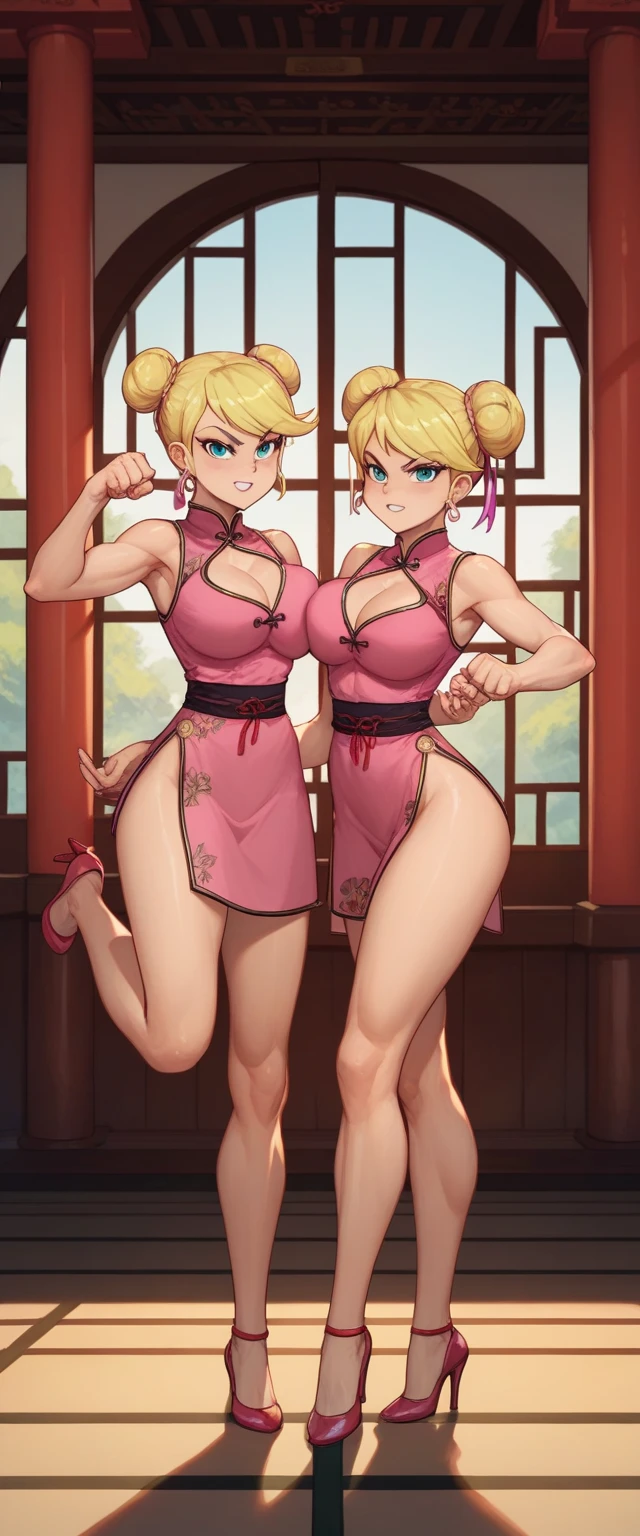 lola loud, 2girl, duo, 24yo girl, large breasts, pink cheongsam,  inside of a chinese temple, looking at viewer, blonde hair, two hair buns , hands  score_9, score_8_up, score_7_up, high heels, teep fighting stance,martial arts, chest window, twins