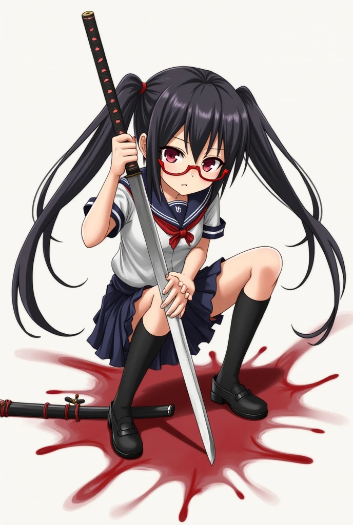 score_9,score_8_up,score_7_up,score_6_up,score_5_up,score_4_up,
oil paitning, ,1girl,solo,long hair,looking at viewer,skirt,black hair,red eyes,holding,twintails,school uniform,weapon,pleated skirt,glasses,serafuku,socks,sword,holding weapon,kneehighs,blood,holding sword,squatting,katana,sheath,red-framed eyewear,black serafuku,fighting stance,