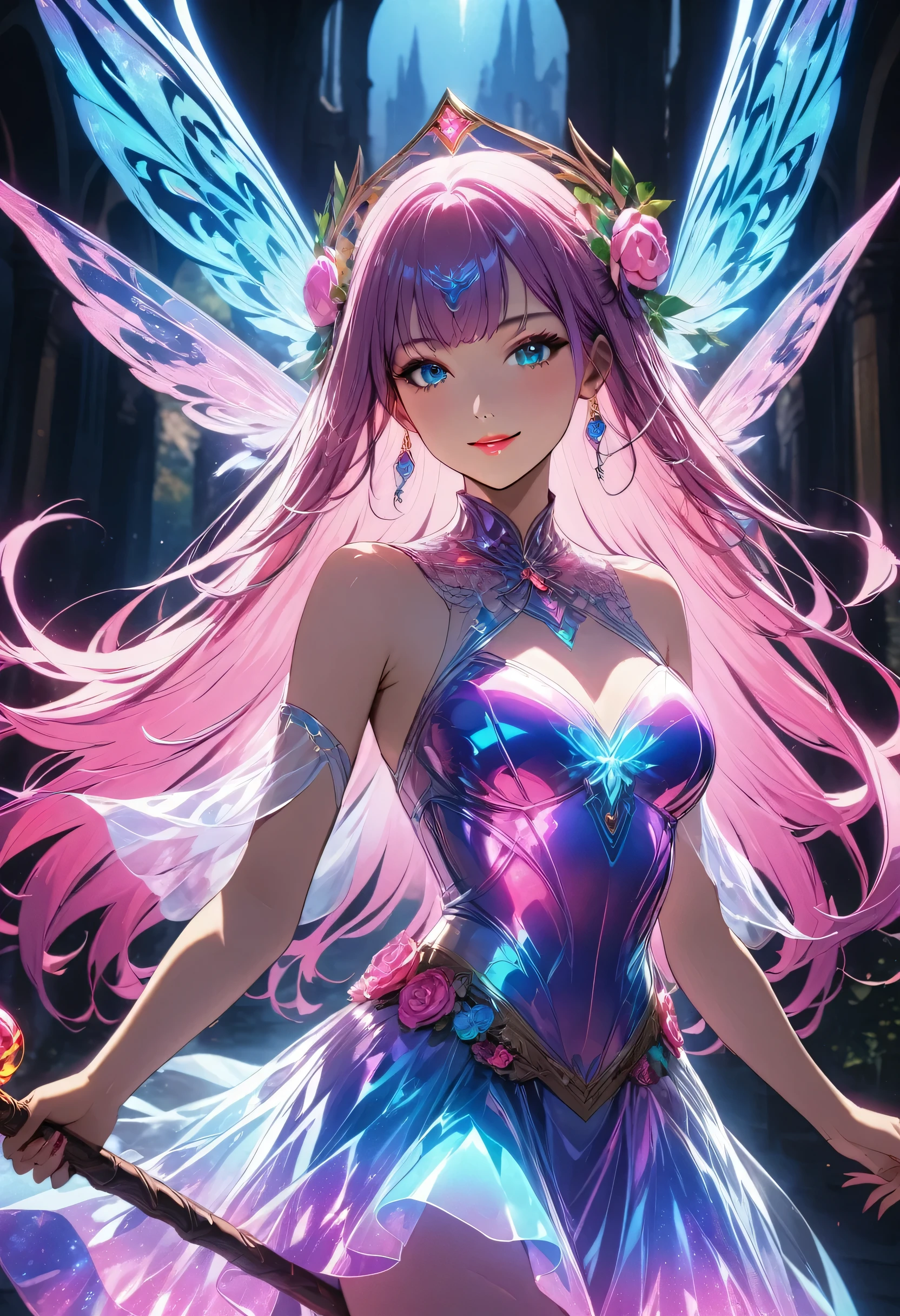 masterpiece,best quality,1girl,solo,smiling,magical_girl,white and pink costume,long magic staff,magical energy,dynamic pose,colorful magic effects,glowing,dramatic lighting,vivid colors,vibrant colors,detailed face,beautiful eyes,beautiful lips,luminous skin,fantasy,digital painting,intricate details,cinematic composition,highly detailed character,ethereal,mysterious,intricate details,ethereal atmosphere,dramatic lighting,cinematic composition,