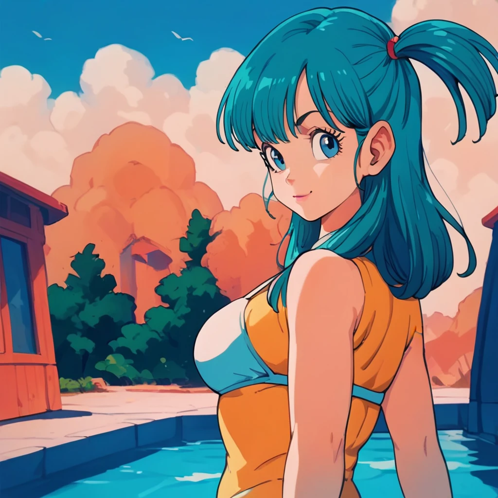 Side view，Two clones of Bulma Lie down with wearing white bikinis,Big Breasts,Background is sky.