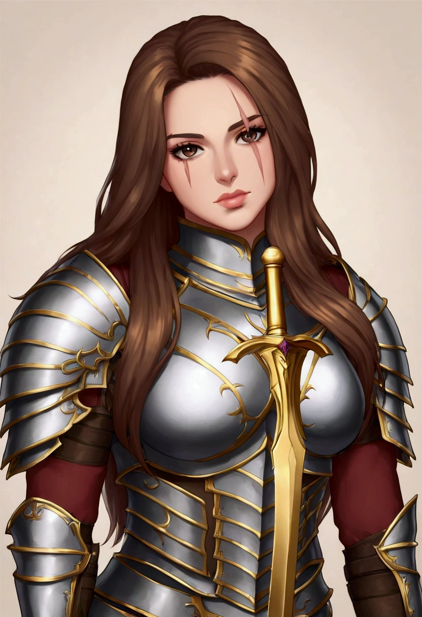  female character ,Long brown hair,brown eyes,Scar face ,Armor,golden sword