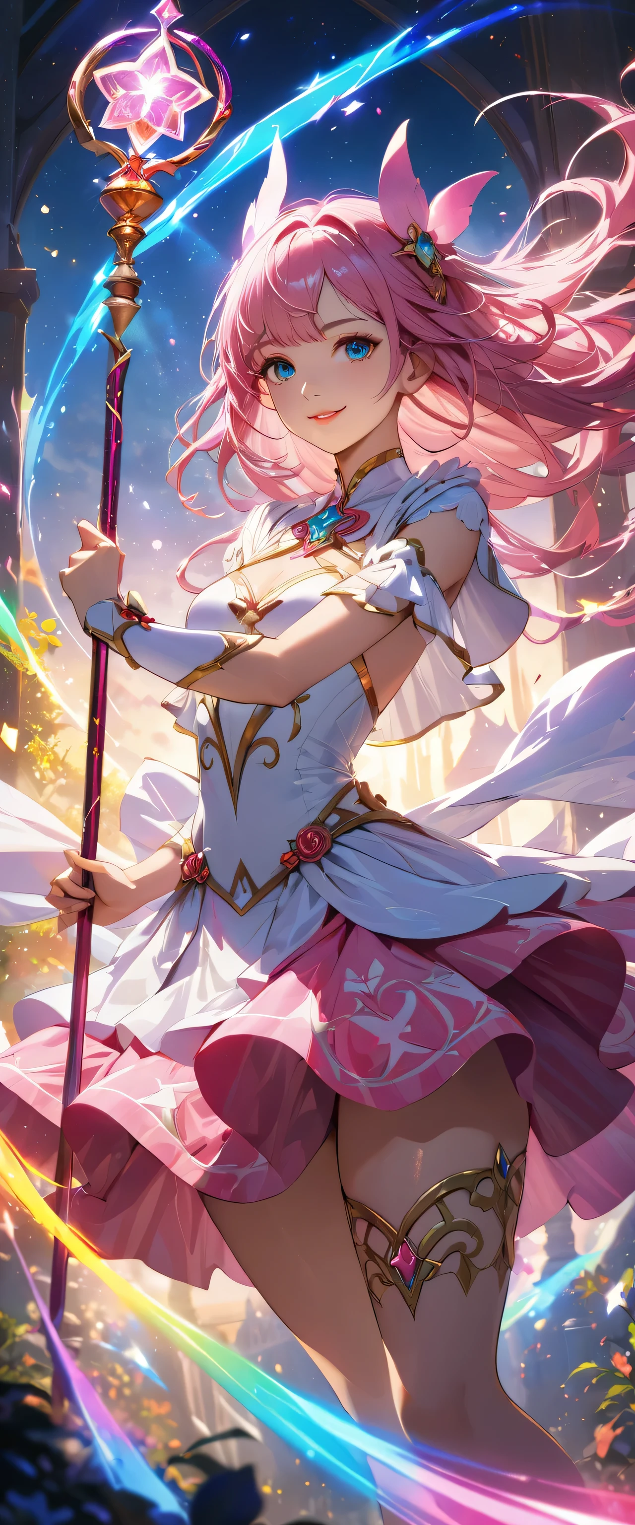 masterpiece,best quality,1girl,solo,smiling,magical_girl,white and pink costume,long magic staff,magical energy,dynamic pose,colorful magic effects,glowing,dramatic lighting,vivid colors,vibrant colors,detailed face,beautiful eyes,beautiful lips,luminous skin,fantasy,digital painting,intricate details,cinematic composition,highly detailed character,ethereal,mysterious,intricate details,ethereal atmosphere,dramatic lighting,cinematic composition,