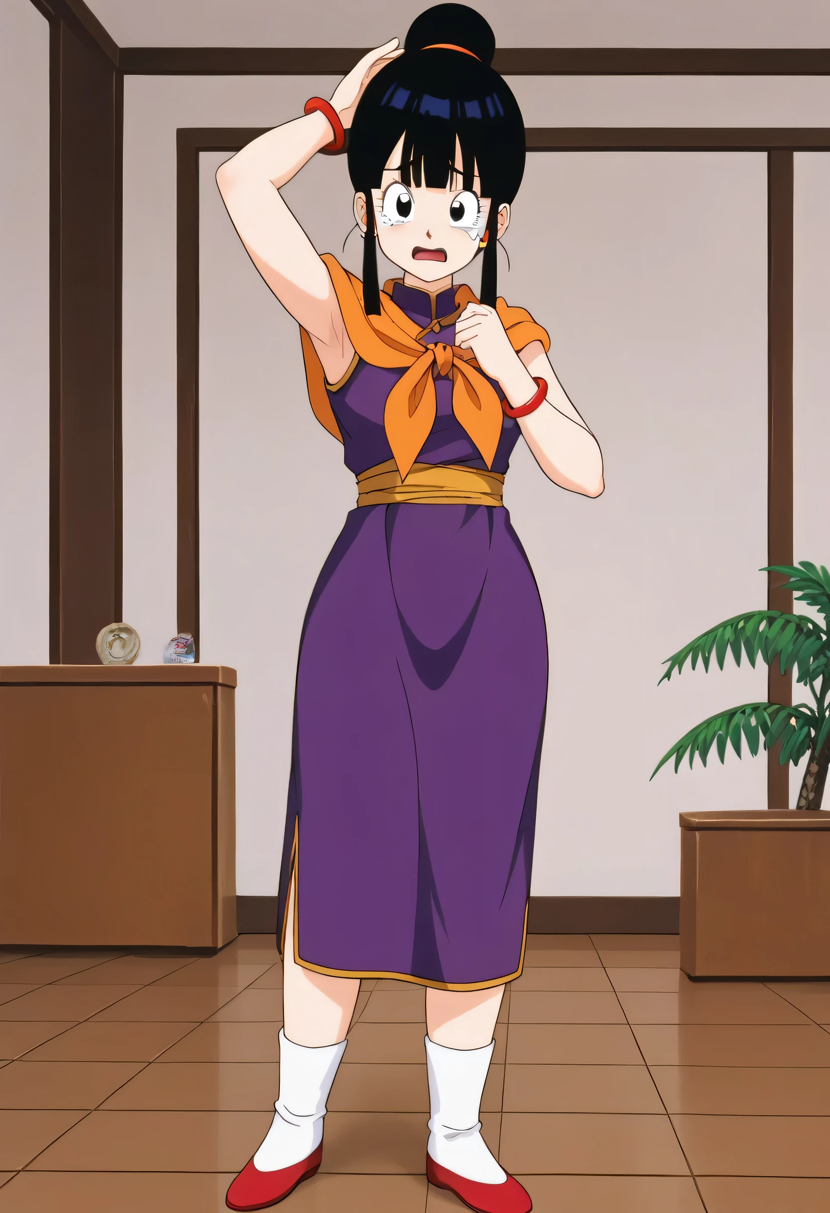 anime_source, score_9, score_8_up, score_7_up, 8k, absurd res, who-who, 1 girl, retro artstyle, alone, looking at viewer, bangs, tree, black hair, brushed bottom, standing, sideburns, earrings, blunt bangs, hair bun, black eyes, red bracelet, purple dress, orange scarf, orange sash, sleeveless, , worried face, one arm raised to the right,  open mouth, tears, indoor room, full body