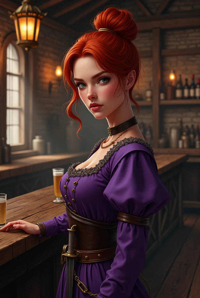 (((((only one woman in the image))))), (skindentation:1.5), realistic, photorealistic, (masterpiece:1.5), concept art, intricate details, highly detailed, octane rendering, 8k, unrealistic engine, dynamic pose, best quality, high resolution, ((dramatic)), epic, depth of field, 8k, particles, (realistic face:1.1, hyperrealistic:1.1), ((1girl, close-up, medium breasts, perfect eyes, detailed eyes, high quality eyes, perfect face, high quality face, bright skin:1.2, bright face:1.2, embarrassed, blush:0.8, green eyes)), tavern owner, rustic tavern interior in the background, wooden mug, candlelight, sign, jovial fantasy atmosphere, candlelight, (fireplace), (a window in the background raining), detailed background, blurry wooden bar table as foreground, (((woman, red hair, perfect hands))), ((Mistress of the Tavern, extremely intricate robe, leather clothing, leather belt, boots, padded cloth, gloves, bracelets))