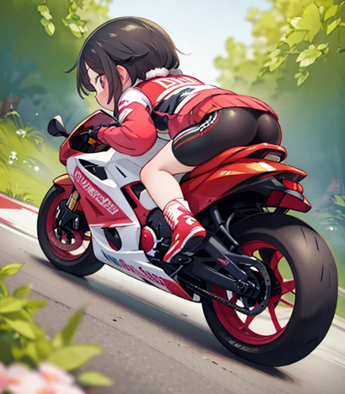 (masterpiece),( best quality),(  several people having fun with each other while having very detailed ),(  in high resolution), tiny mascot girl  ,  rear view of postureの姿勢 of a female racer racing on a road bike,  black hair ,  semi-long,  stylish  ,  road bike racing  , 複数のロードレーサーが熾烈な戦いを繰り広げる舞台裏 , speed, Elevate your mood,  Panoramic View,  rear view of postureの姿勢 of a female racer chasing another female racer running in front of her, Tracking from behind  ,  rear view of posture，