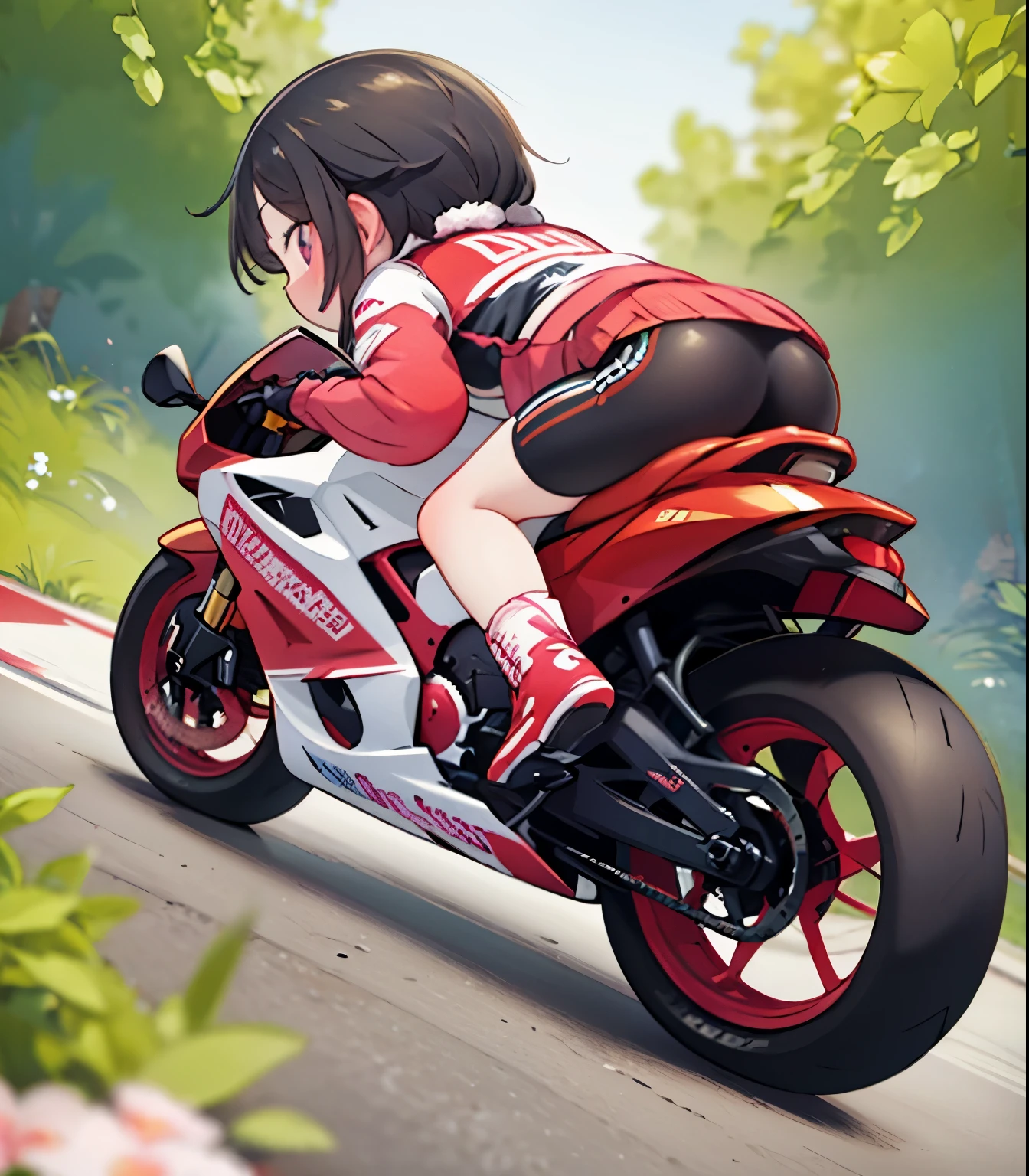 (masterpiece),( best quality),(  several people having fun with each other while having very detailed ),(  in high resolution), tiny mascot girl  ,  rear view of postureの姿勢 of a female racer racing on a road bike,  black hair ,  semi-long,  stylish  ,  road bike racing  , 複数のロードレーサーが熾烈な戦いを繰り広げる舞台裏 , speed, Elevate your mood,  Panoramic View,  rear view of postureの姿勢 of a female racer chasing another female racer running in front of her, Tracking from behind  ,  rear view of posture，