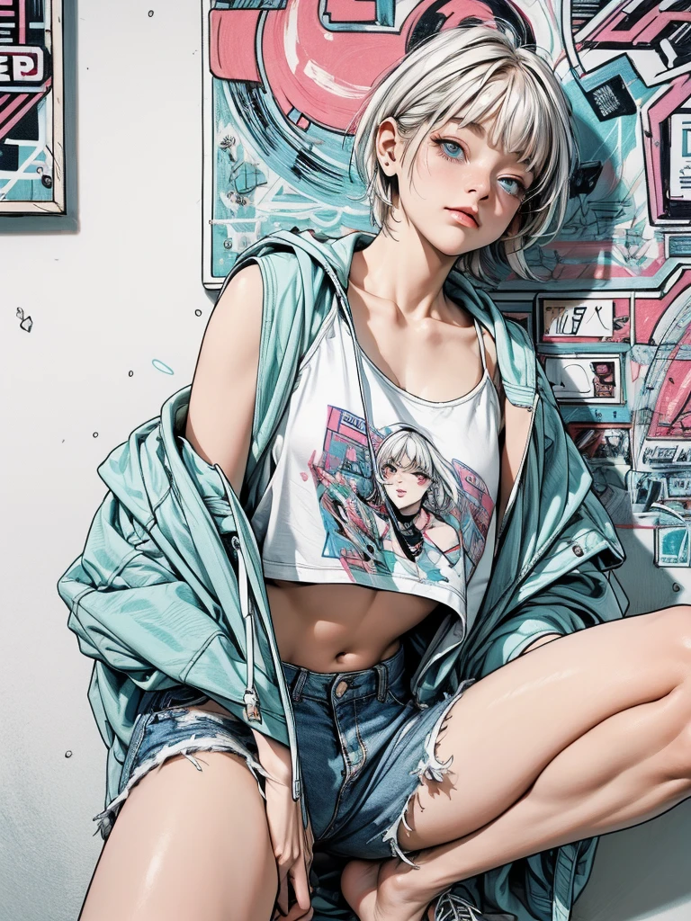 masterpiece, Highest quality, Very detailed, 8k, Realistic, super close up of crotch, focus on crotch, One Girl, alone, Very detailed face, crouching in front of a wall covered in hip hop graffiti, Cyberpunk neon cityscape,Pixie cut white hair, She is wearing a short neon tank top and an open hoodie, Nice ass, (flat chest:1.2), nsfw, upshorts
