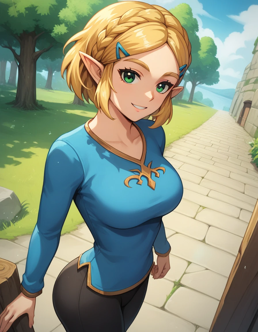 score_9, score_8_up, score_7_up, source_anime, best quality, clear face, 1girl, solo, Zelda, Totk, blonde hair, short hair, green eyes, medium breasts, big ass, outdoor, cowboy shot, looking at viewer, black leggings, blue shirt, long sleeve, smile, dynamic angle, from front