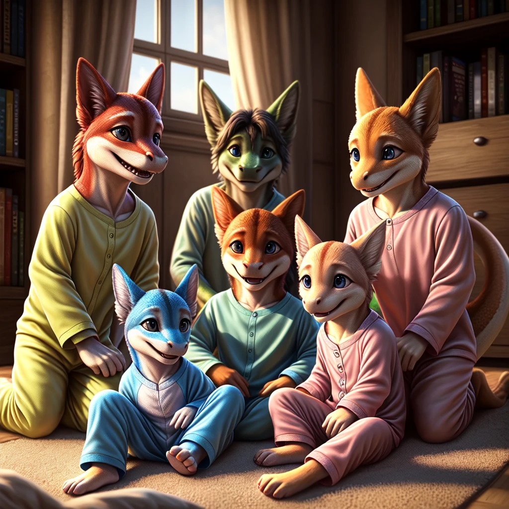 ( detailed face,  detailed background ,  detailed body ), (realistic,photorealistic,photo-realistic:1.37)
Ein kleiner cuteer Drachen Junge, jung, cute, In a group , die tragen einen cuteen pyjama,  you laugh , 