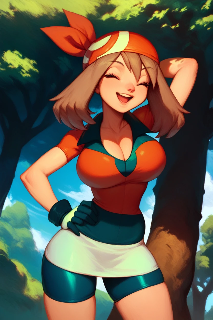 score_9, score_8_up, score_8, giant breasts, (curvy), cute, eyelashes,       zzMay, smile, open mouth, skirt, shirt with cleavage, gloves, closed eyes, short sleeves, outdoors, sky, day, tree, hand on hip, bike shorts, arm behind head, bandana,   