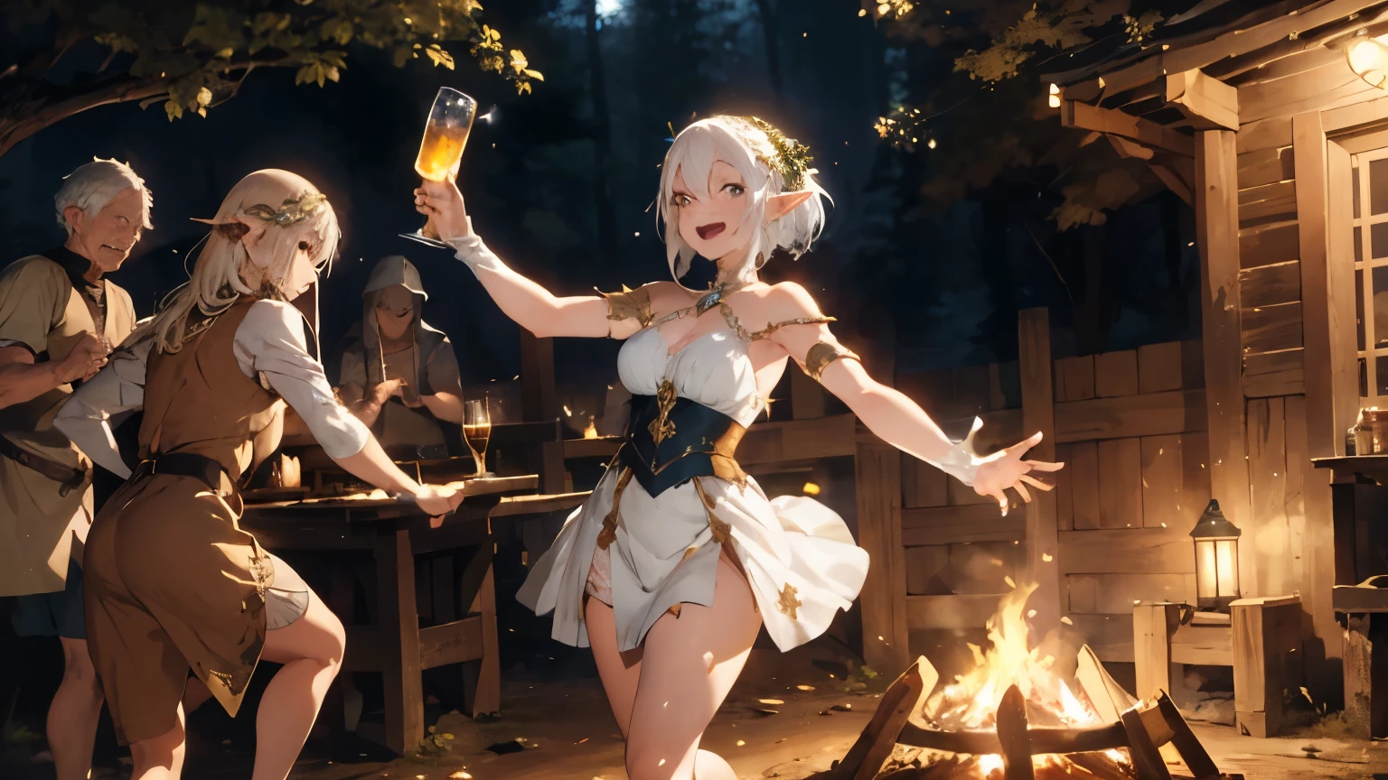 beautiful elf woman with white hair with beautiful leg dancing , wearing a delicate brown medieval gown , dancing near the campfire , dancing together closely with people , smile with close eyes , holding beer glass , dappled cold night glowing particle of dust surrounding , casting a warm glow around her, cinematic particle dust