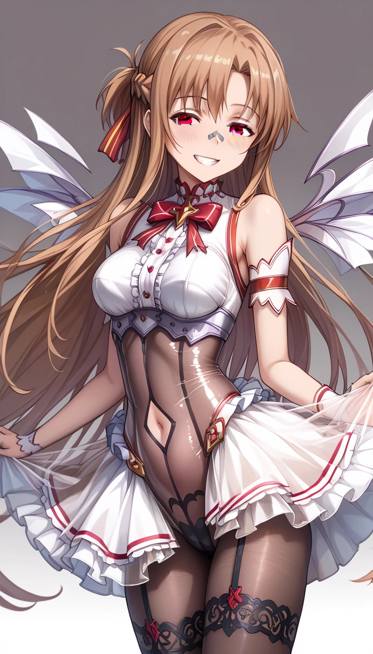 One beautiful woman、 Sword Art Online 、 yuuki asuna , brown eyes, brown hair, long hair, bangs, braid、corruption、empty eyes、half-closed eyes、evil smile、no pupils、evil grin、Combatant、dark magical girl、layered skirt、showgirl skirt、Petticoat, petticoat,  garter strap,  legwear , ( Body Stocking :1.4),Sleeveless、ribbon,(see-through leotard:1.4)、stomach cutout、( best quality:1.4), (masterpiece:1.4), ultra detailed, ( high definition :1.4),8k, Unity 8k 、(ultra-detailed face:1.4)、(Hires .fix:1.4)、(masterpiece, best quality, high definition :1.4)