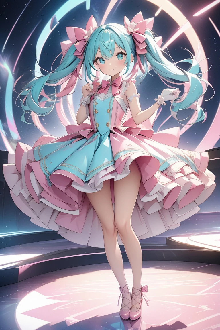 masterpiece、High image quality、 High Quality 、詳細な描写、beautiful、(( full body shot))、future art、 Cyber、(( full body shot))、、Stylish、 bright and energetic virtual idol character with twin tails 。beautifulプロポーション、The hair color is pastel pink 、Her eyes are aqua blue and 、 she has a friendly smile 。 The costume is based on white and 、 dress-like design with frills and ribbons applied in pastel purple。 miniskirt that snaps around the knee、Knee-high、ribbon lace-up heel pumps、The cute idol that shines on the virtual stage stands out 、 has a cute atmosphere loved by fans 、Virtual space background 、 1 girl,  high definition , smile,