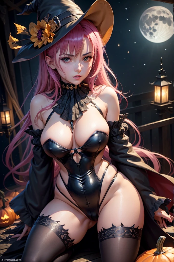  seductive beautiful Halloween witch female ,  ruffled sensual Gothic striped clothing, spitzer Hut,  barely dressed ,  with moon and pumpkin ornaments ,  flying across a field full of pumpkins , Full moon night , Fantasy Thema,  beautiful D& D character portrait ,  threatening, dark fantasy, detailed, digital art, extreme Detail, polished,  beautiful, hyperdetailed, Complex, thoughtful, carefully, Anime-Character, detailed, anime face, Sharp Focus, Unreal Engine, 3D rendered,  volumetric lighting , Reflections, glittering, digitale Illustration, sensual pose, suggestive pose, indecent,  full body shot,  ANATOMICALLY correct 💖❤💕💋❣